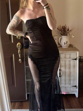 Strapless Black Sheer Panel Evening Dress